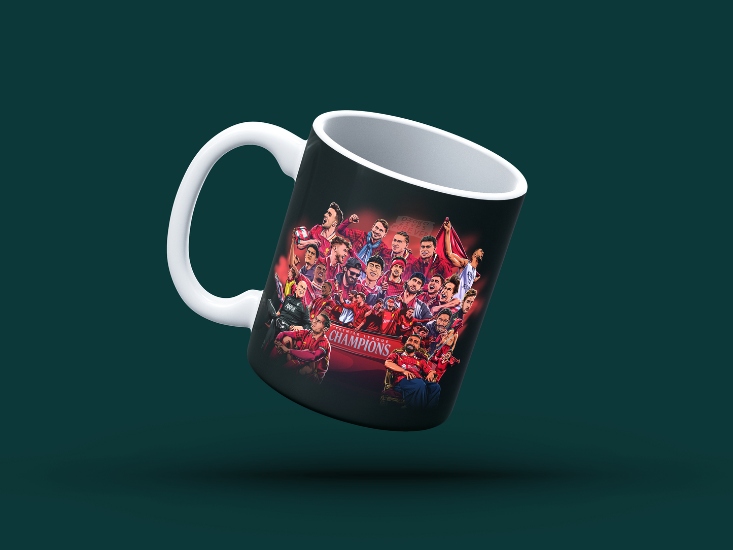 Black mug with a colorful graphic of people and 'Champions' text on a dark green background